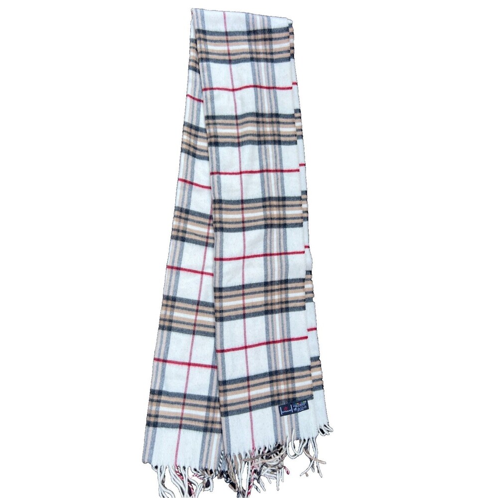 V. Fraas Cashmink Plaid Black Gray White Red Beige Scarf Made In Germany